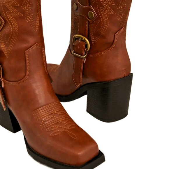 Forever Women’s Brown Square Toe Cowboy Boots Size 8M Chunky Heel - Picture 13 of 13